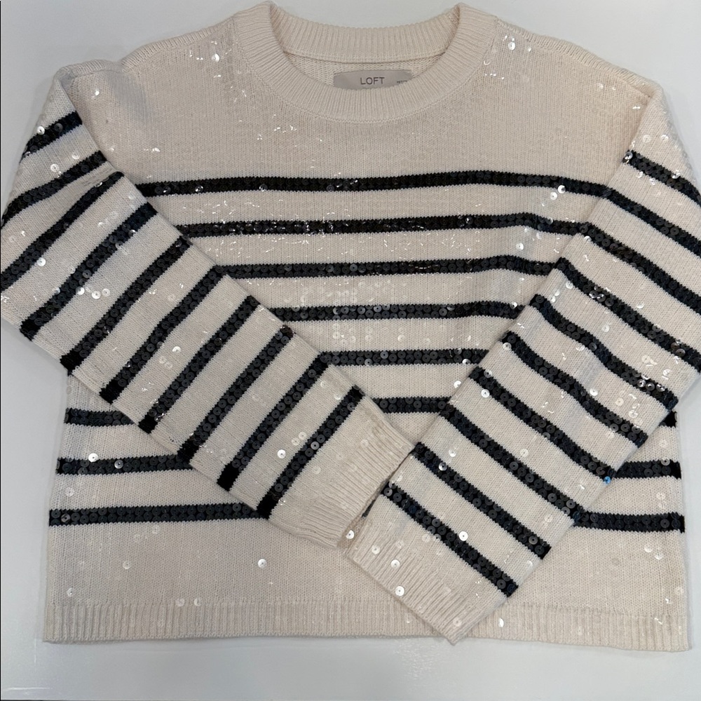 LOFT Cream and Black Sequin Striped Sweater